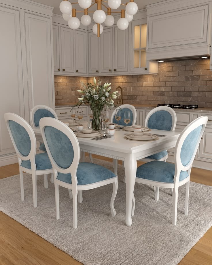 Solid teak classic design white & blue marble 6 seater dining set